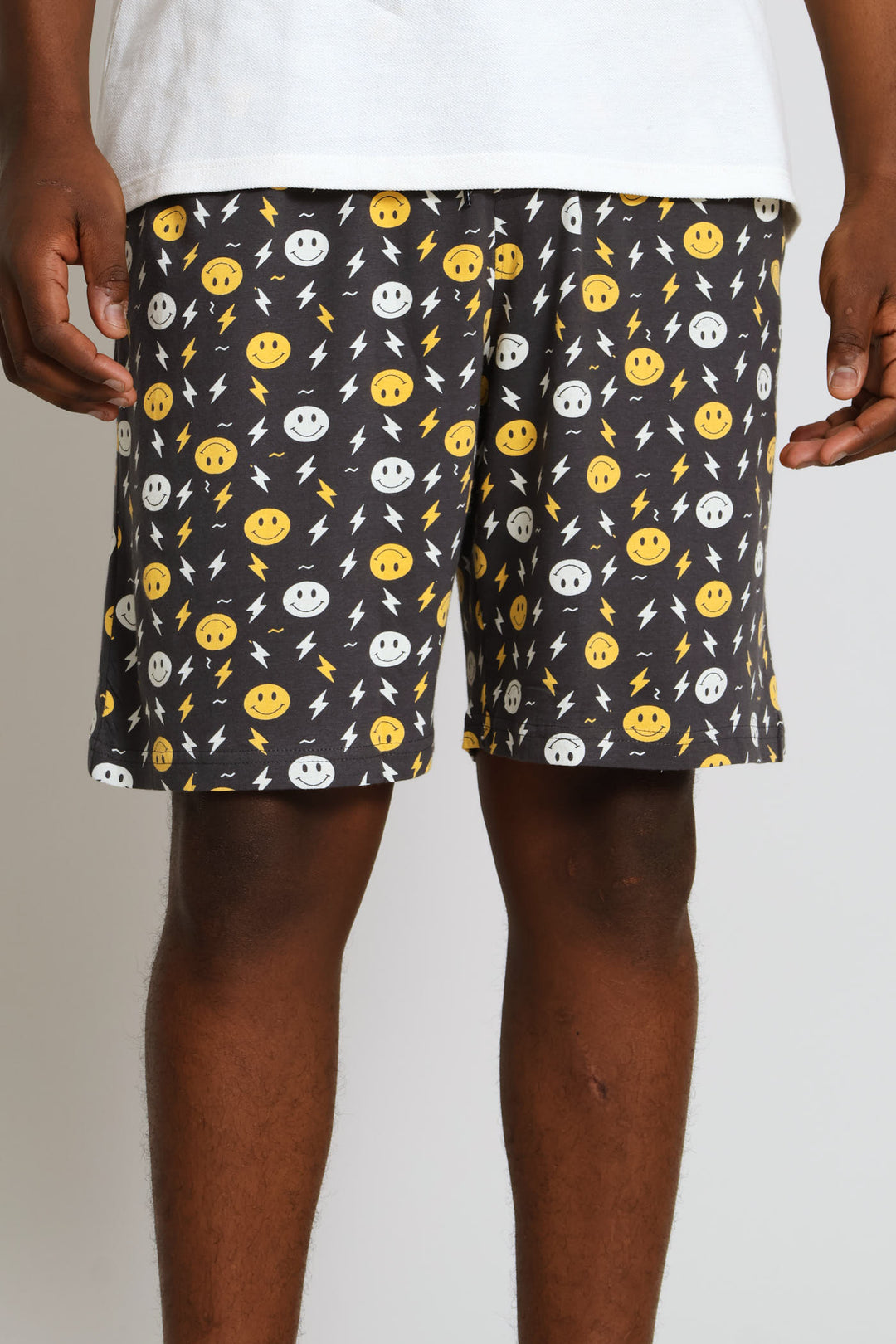 Smiley Print Knit Shorts - Charcoal
