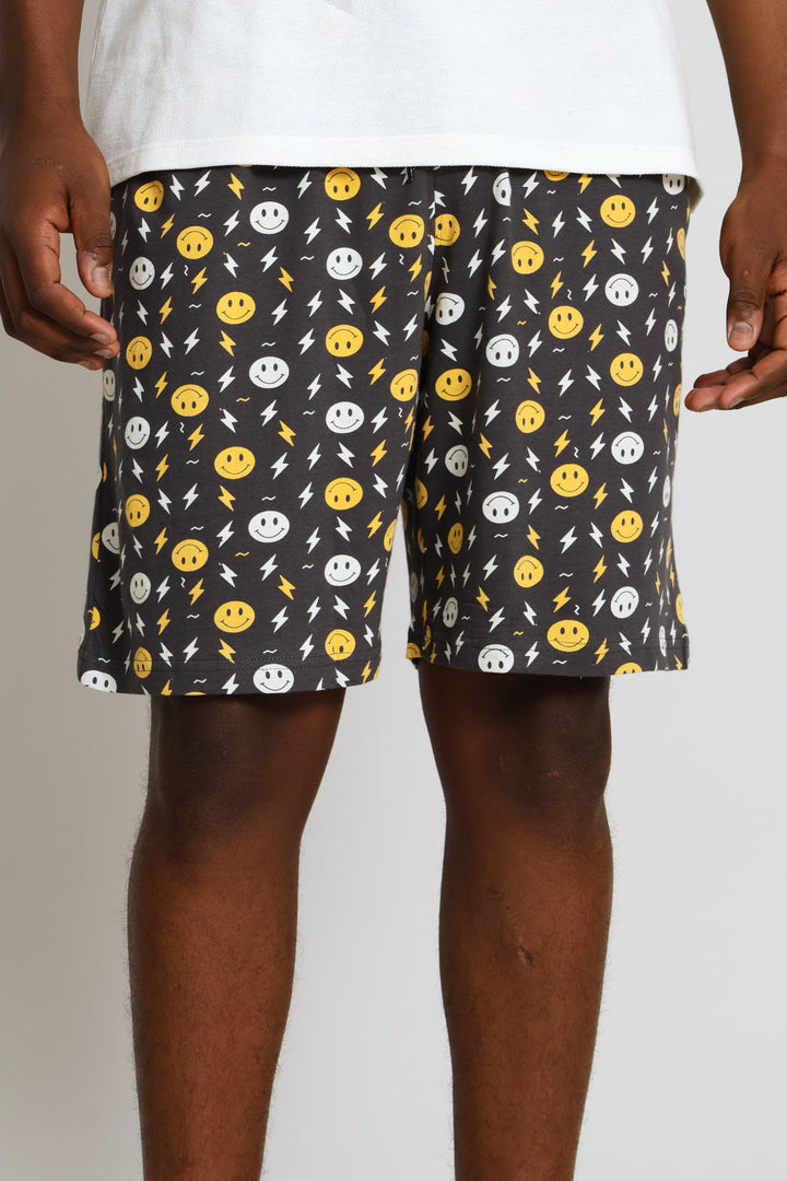 Smiley Print Knit Shorts - Charcoal