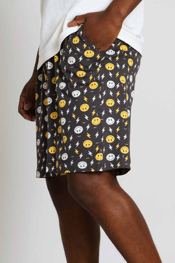 Smiley Print Knit Shorts - Charcoal