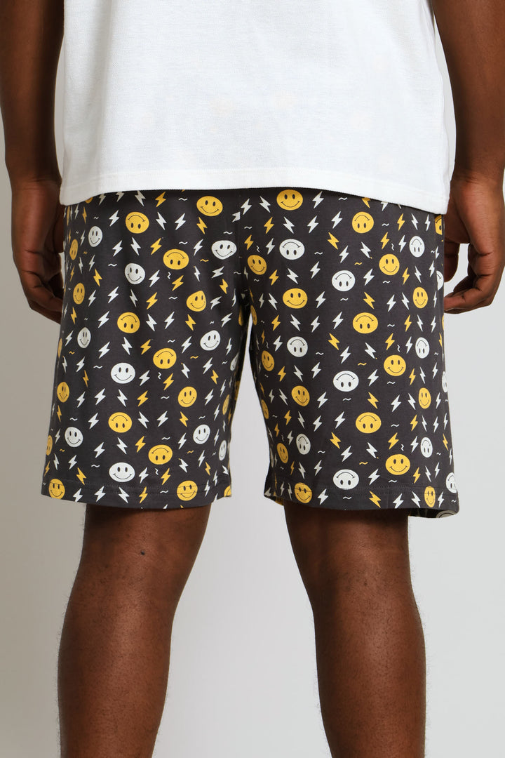 Smiley Print Knit Shorts - Charcoal