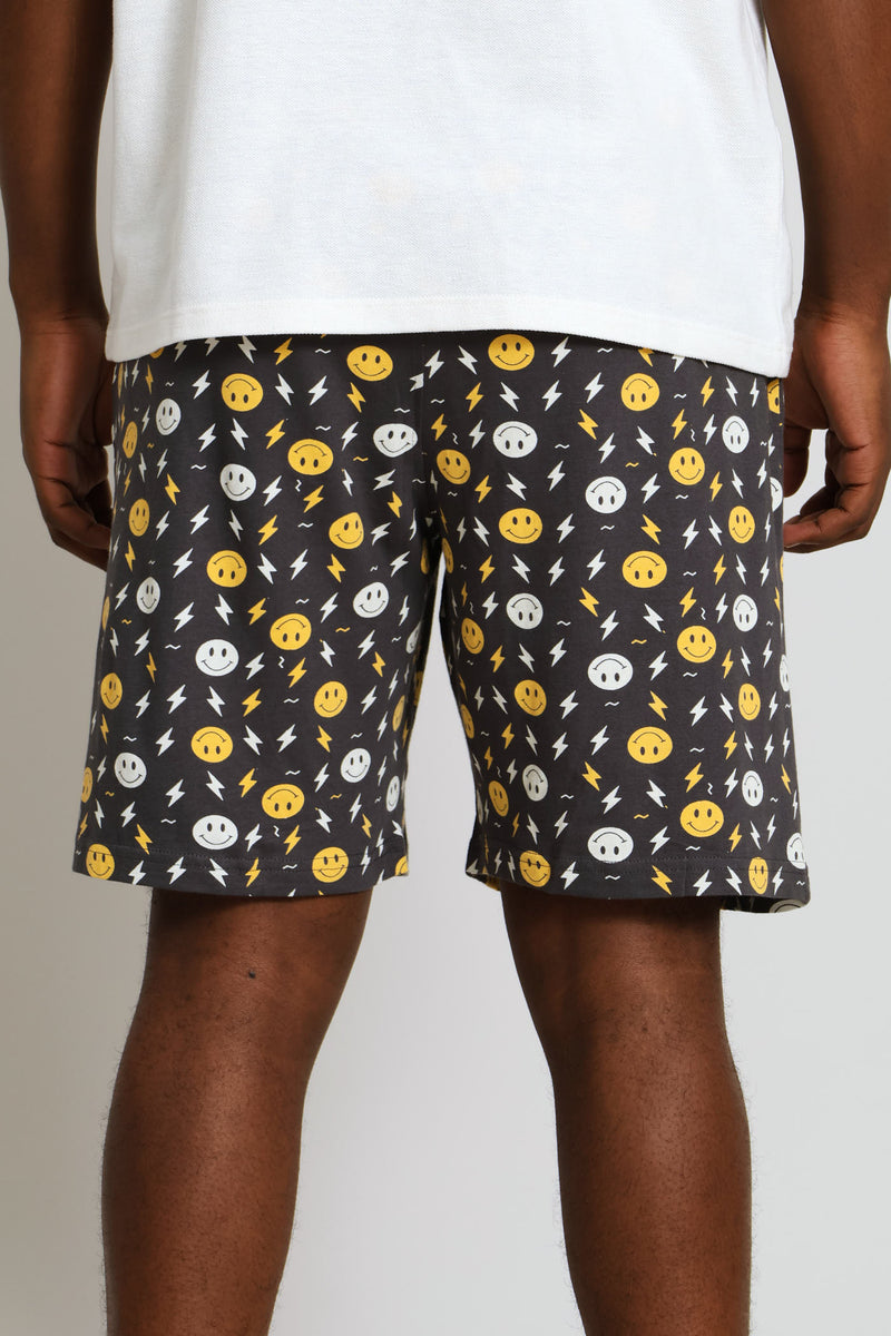 Smiley Print Knit Shorts - Charcoal