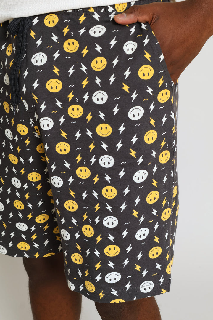 Smiley Print Knit Shorts - Charcoal
