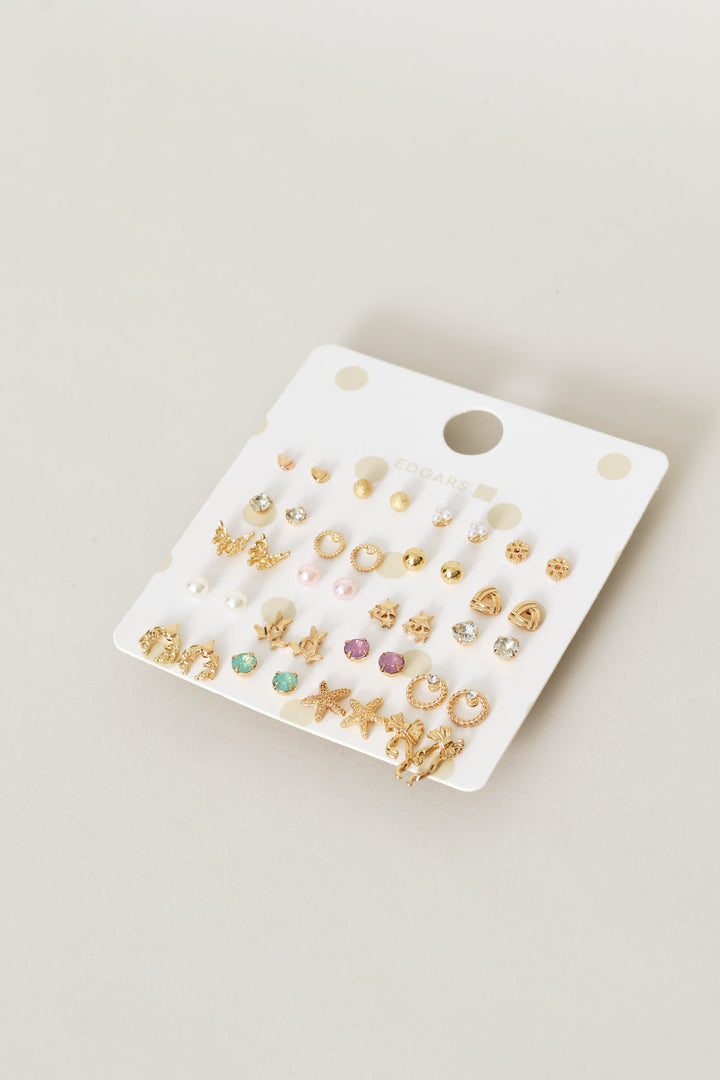 Girls 20 Pack Stars/Bows & Hearts Earings - Gold
