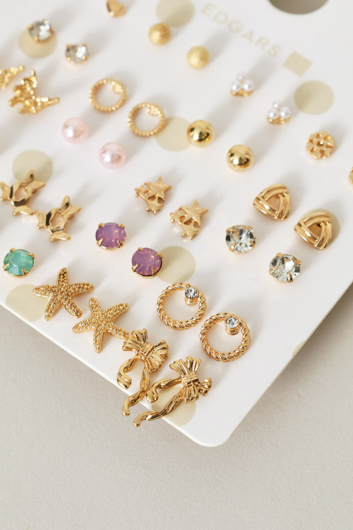 Girls 20 Pack Stars/Bows & Hearts Earings - Gold