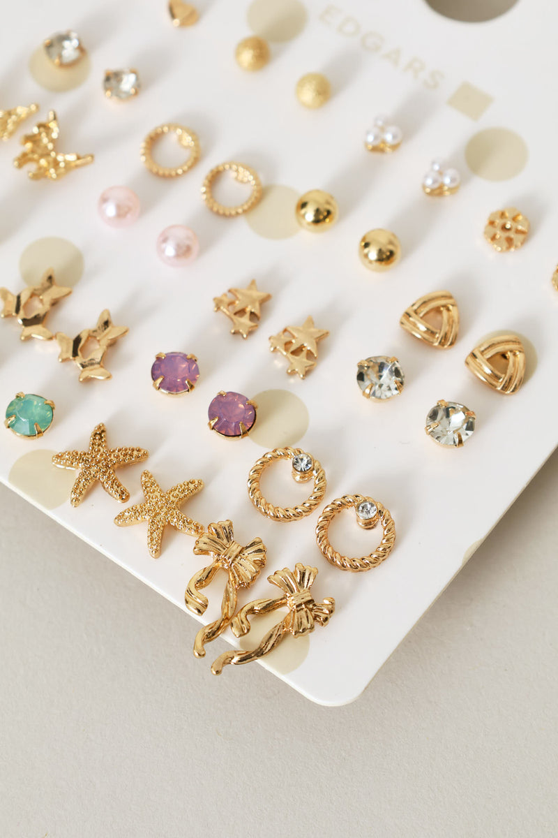 Girls 20 Pack Stars/Bows & Hearts Earings - Gold