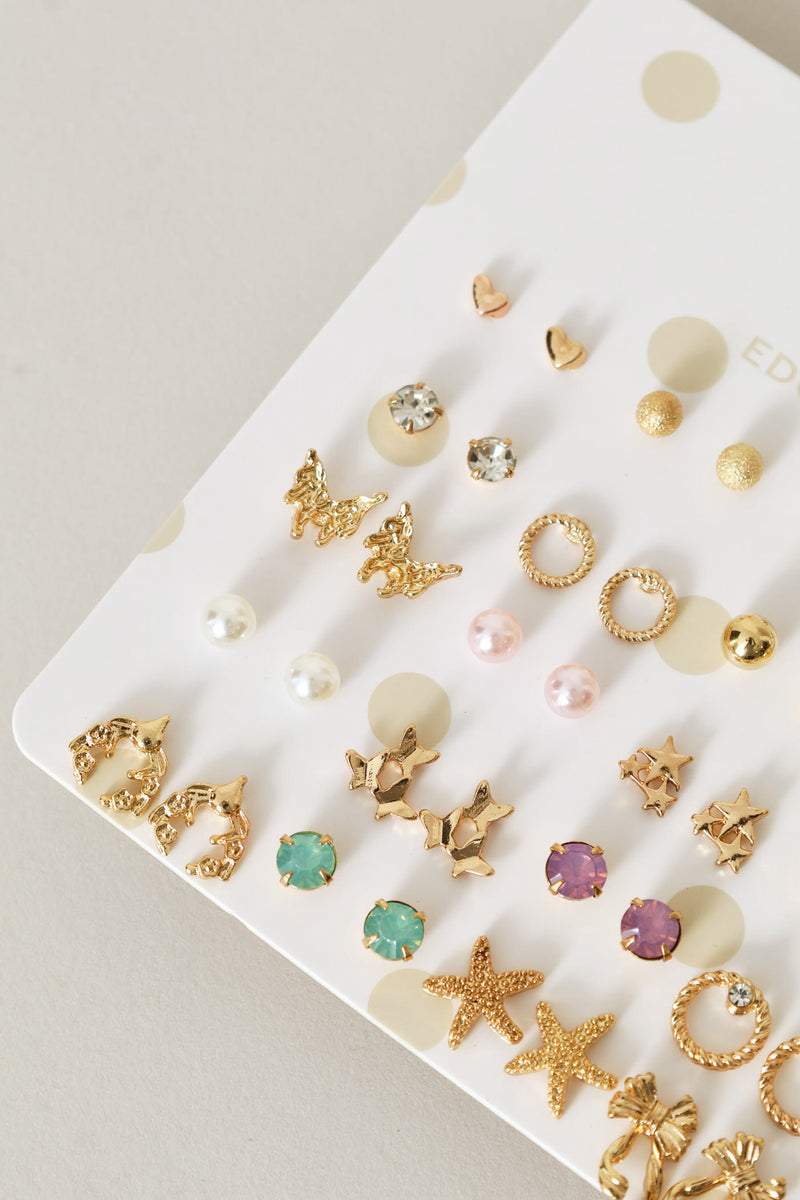 Girls 20 Pack Stars/Bows & Hearts Earings - Gold