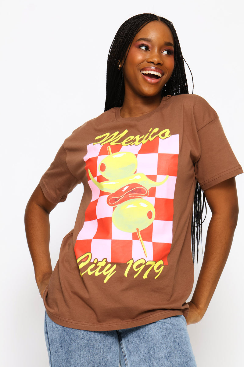 Checkerboard Oversized Printed Tee - Chocolate