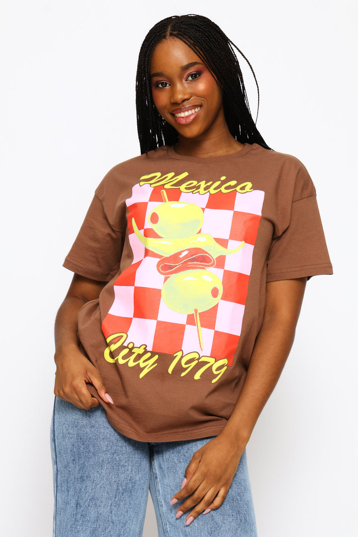 Checkerboard Oversized Printed Tee - Chocolate