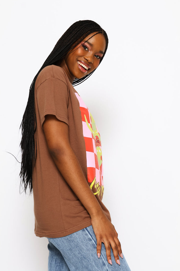 Checkerboard Oversized Printed Tee - Chocolate