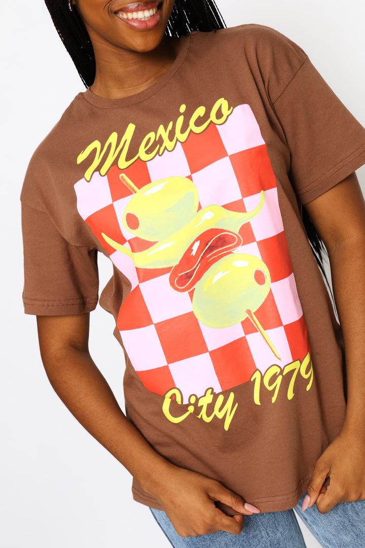 Checkerboard Oversized Printed Tee - Chocolate