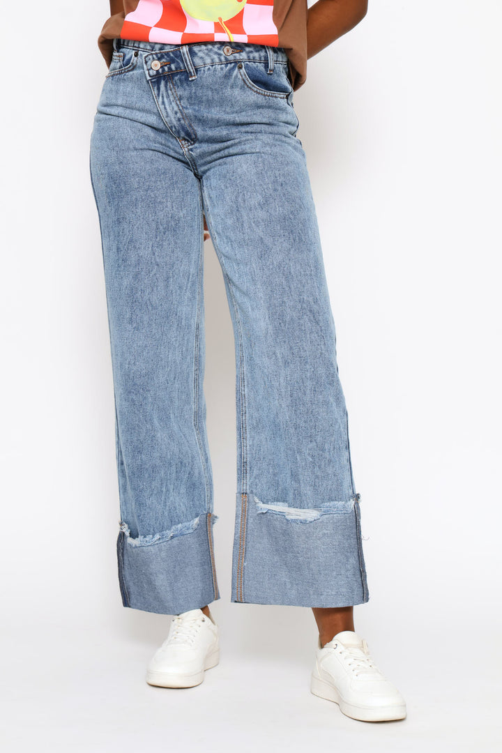 Asymmetrical Waistband Raw Hem Turn Up Denim - Salty Mid Wash