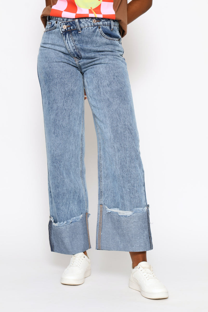 Asymmetrical Waistband Raw Hem Turn Up Denim - Salty Mid Wash