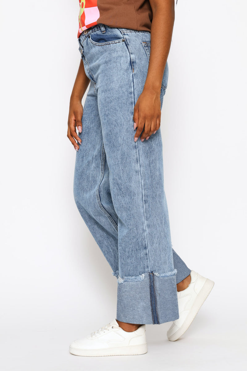 Asymmetrical Waistband Raw Hem Turn Up Denim - Salty Mid Wash
