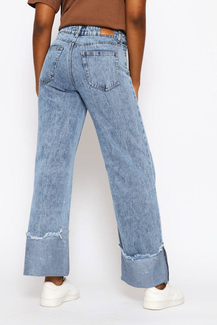 Asymmetrical Waistband Raw Hem Turn Up Denim - Salty Mid Wash