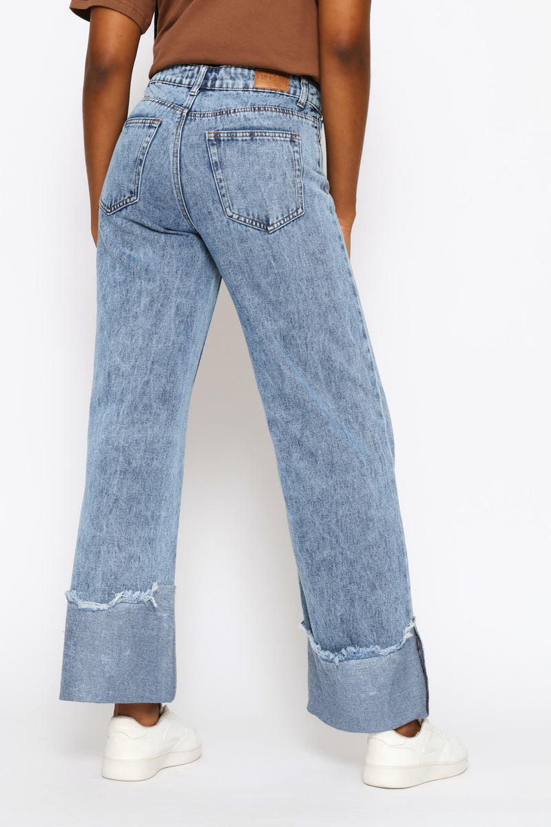 Asymmetrical Waistband Raw Hem Turn Up Denim - Salty Mid Wash