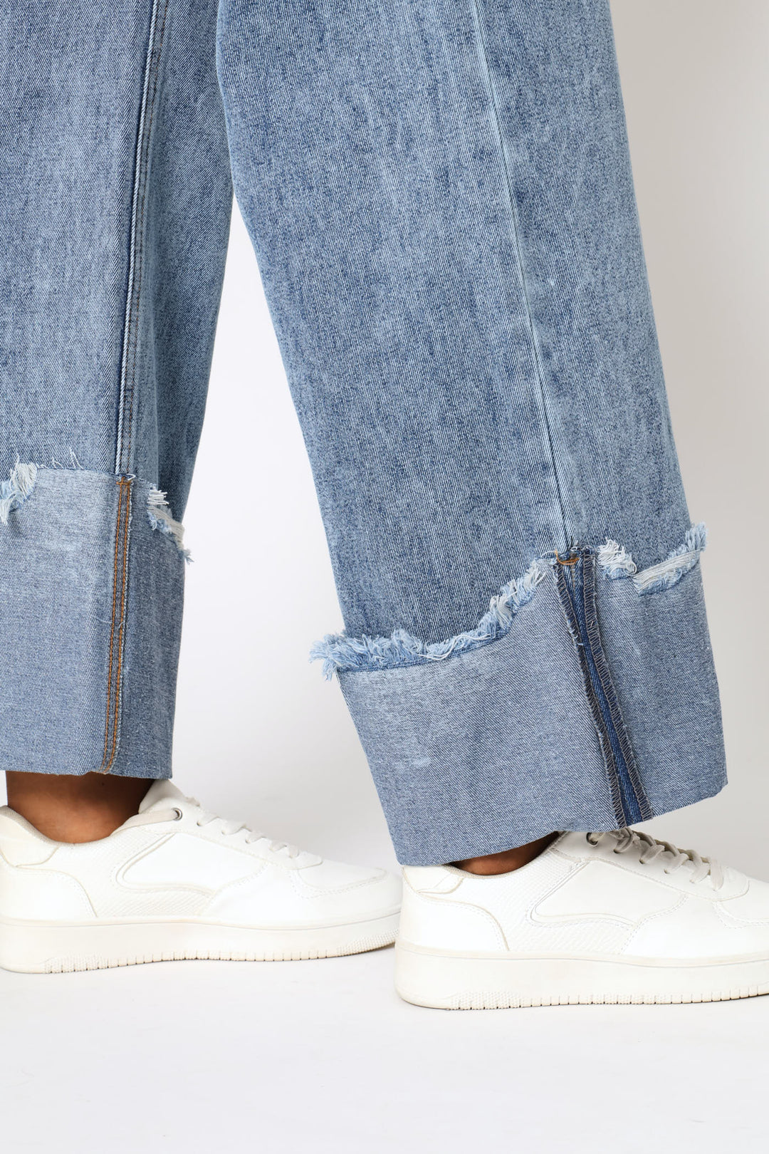 Asymmetrical Waistband Raw Hem Turn Up Denim - Salty Mid Wash