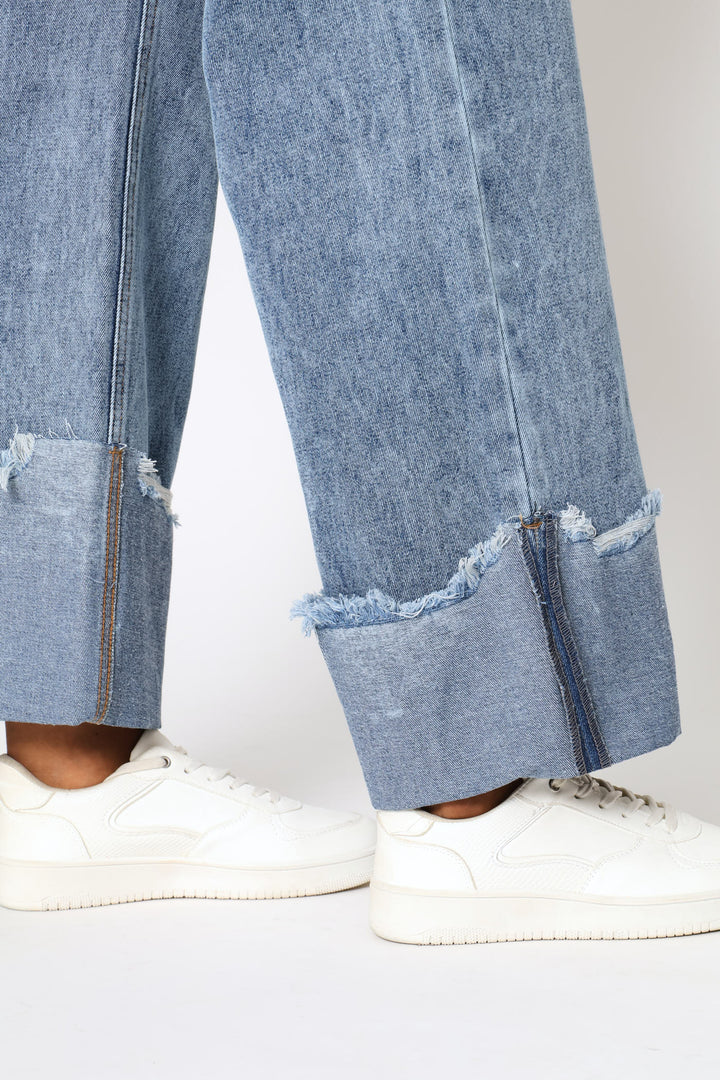 Asymmetrical Waistband Raw Hem Turn Up Denim - Salty Mid Wash