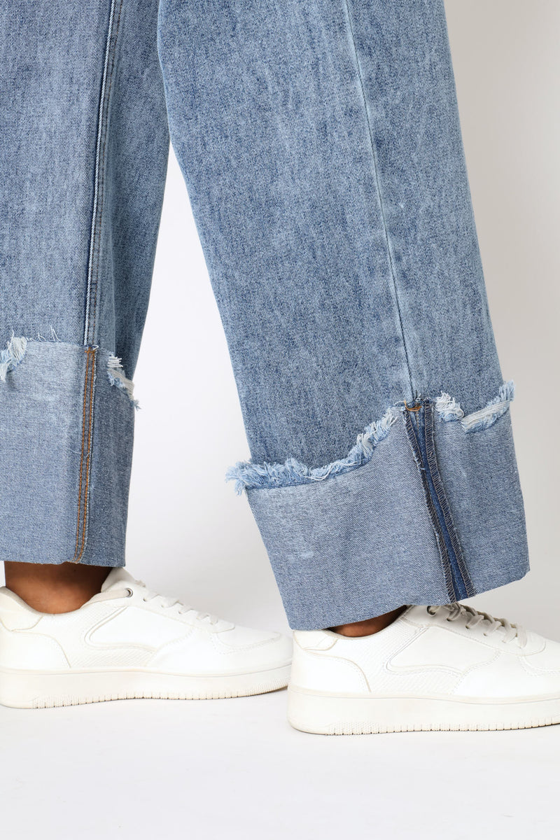 Asymmetrical Waistband Raw Hem Turn Up Denim - Salty Mid Wash