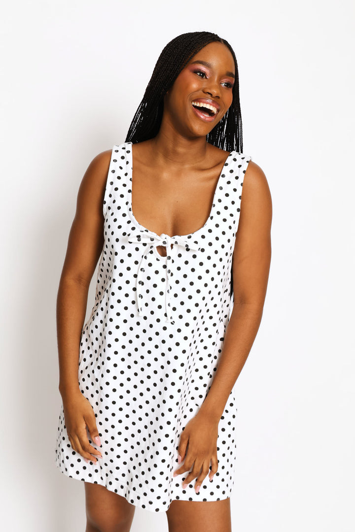 Polka Dot Denim Pinafore Mini Dress - White
