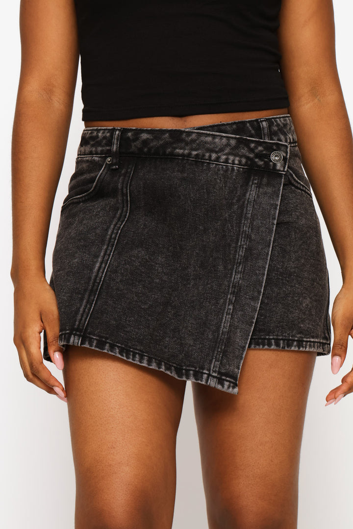 Panel Detail Denim Skort - Salty Black