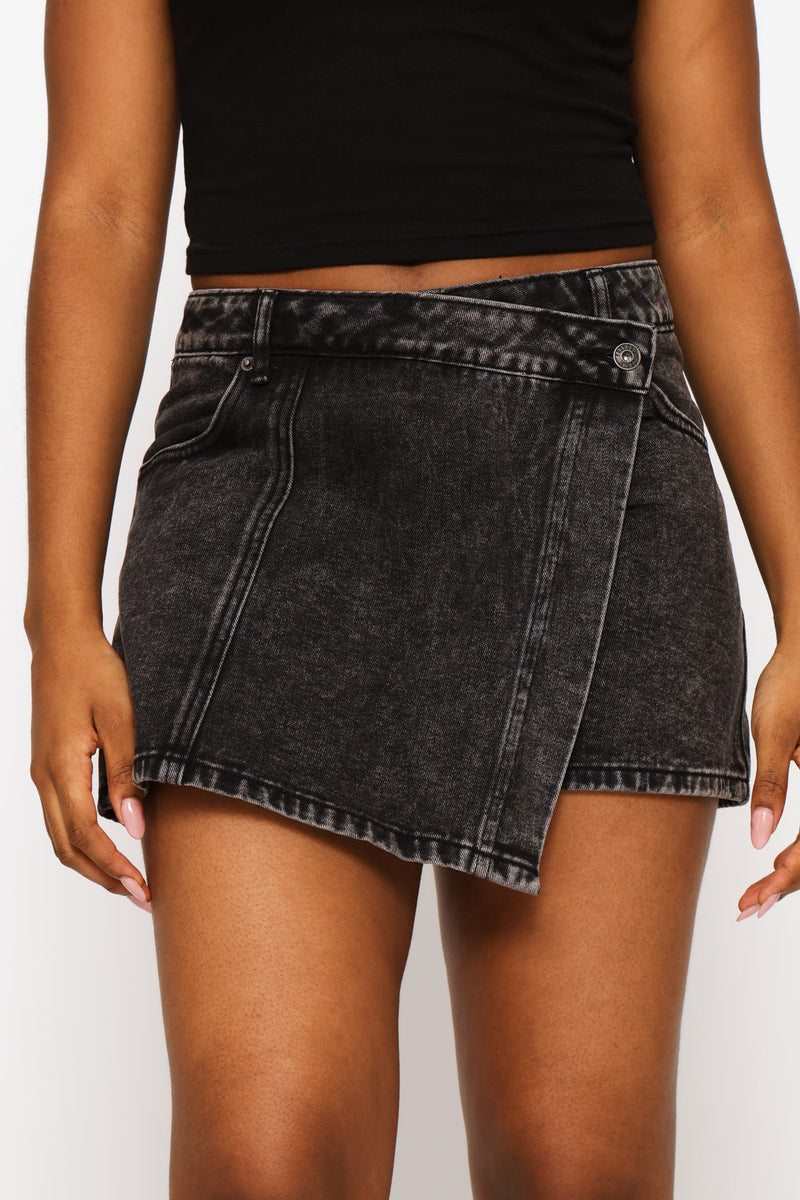 Panel Detail Denim Skort - Salty Black