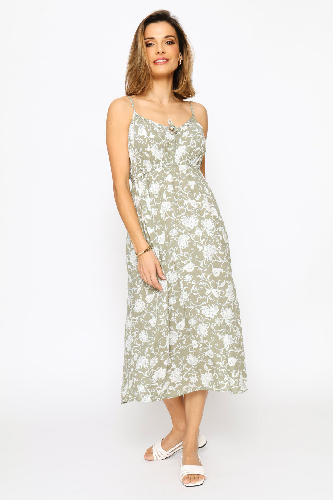 Strappy Tie Front Midi Dress - Fatigue/Cream