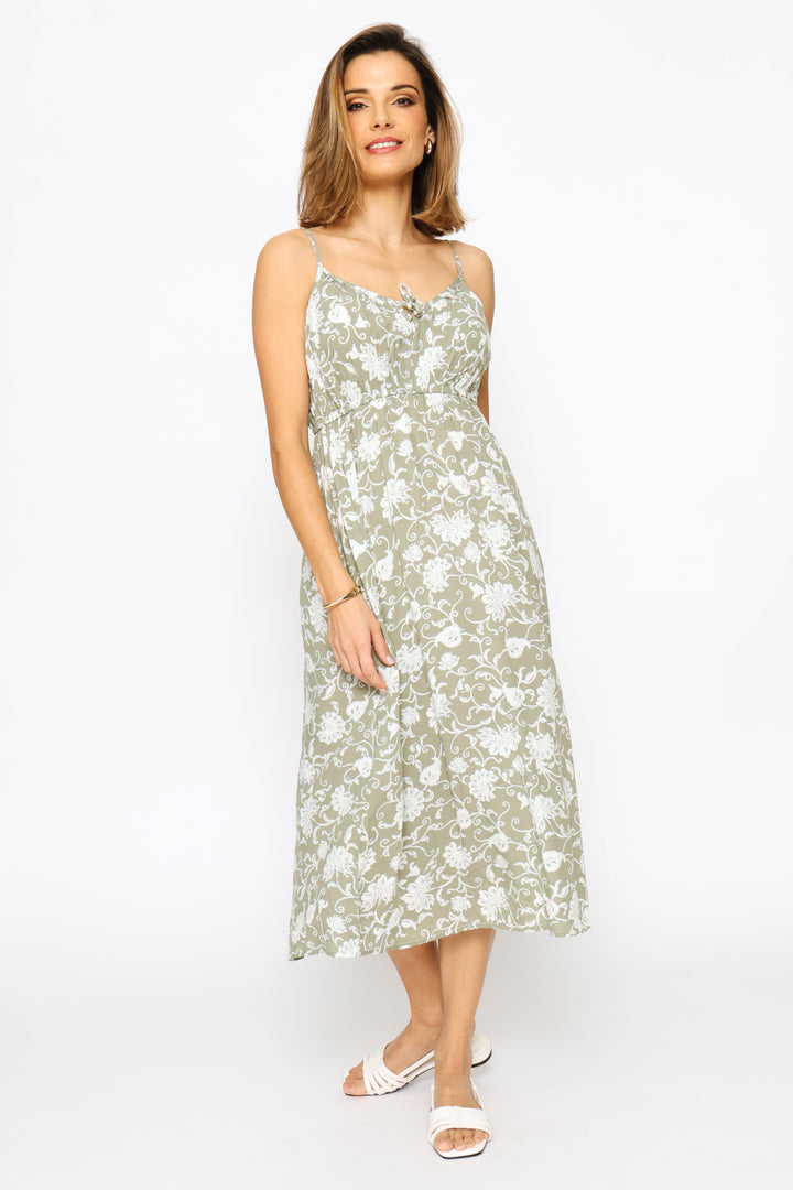 Strappy Tie Front Midi Dress - Fatigue/Cream