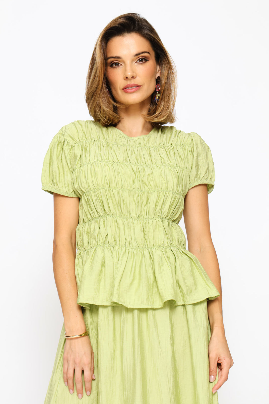 Puff Sleeve Elasticated Blouse - Pistachio Green
