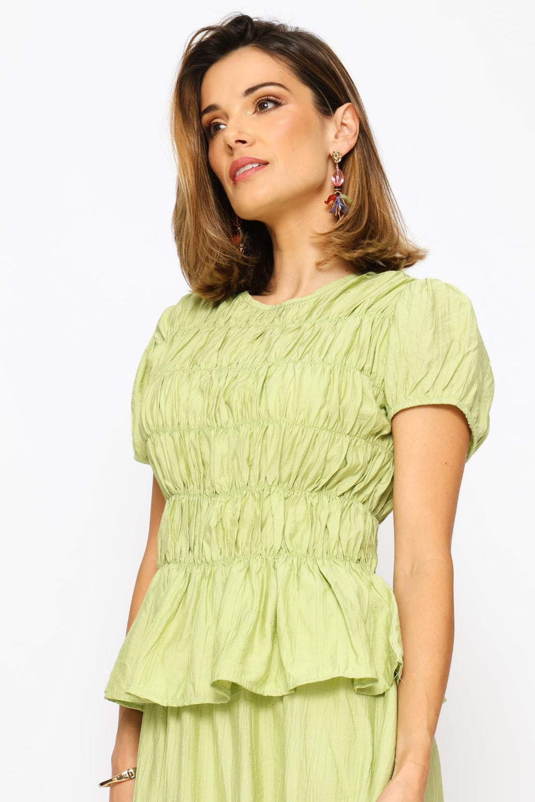 Puff Sleeve Elasticated Blouse - Pistachio Green
