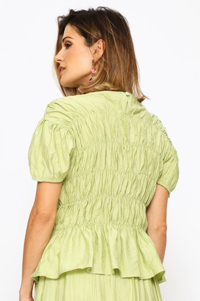 Puff Sleeve Elasticated Blouse - Pistachio Green