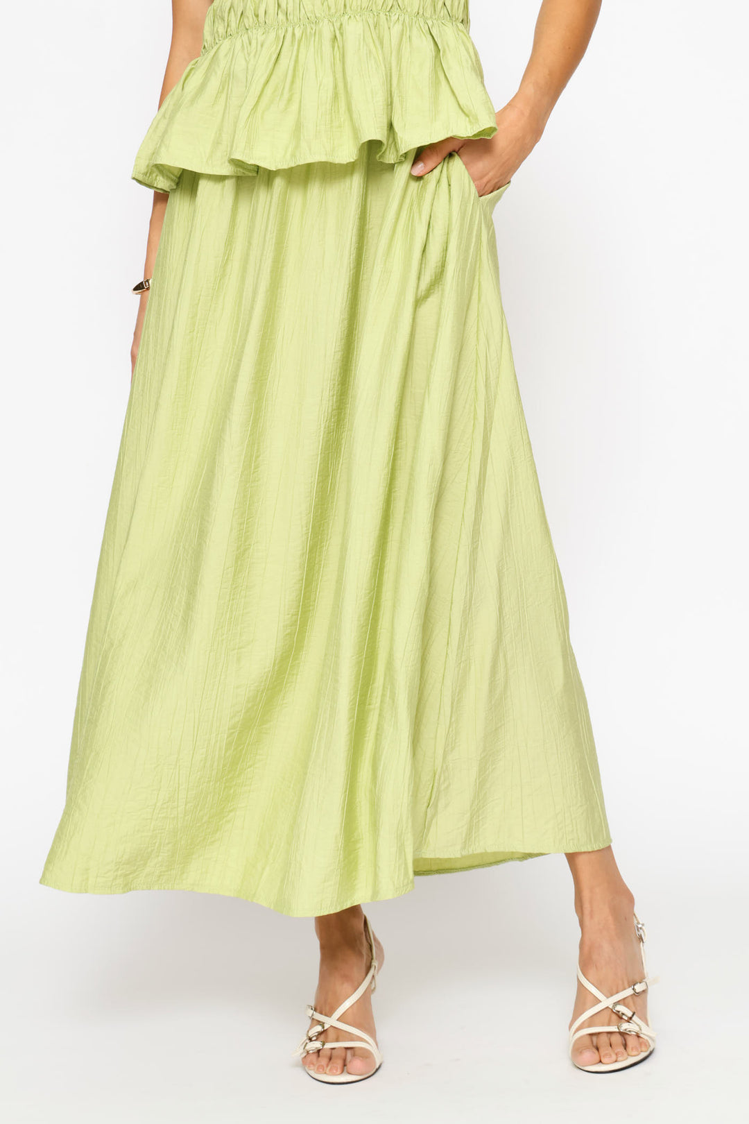 Pull On Side Tie Detail Flare Midi Skirt - Pistachio Green