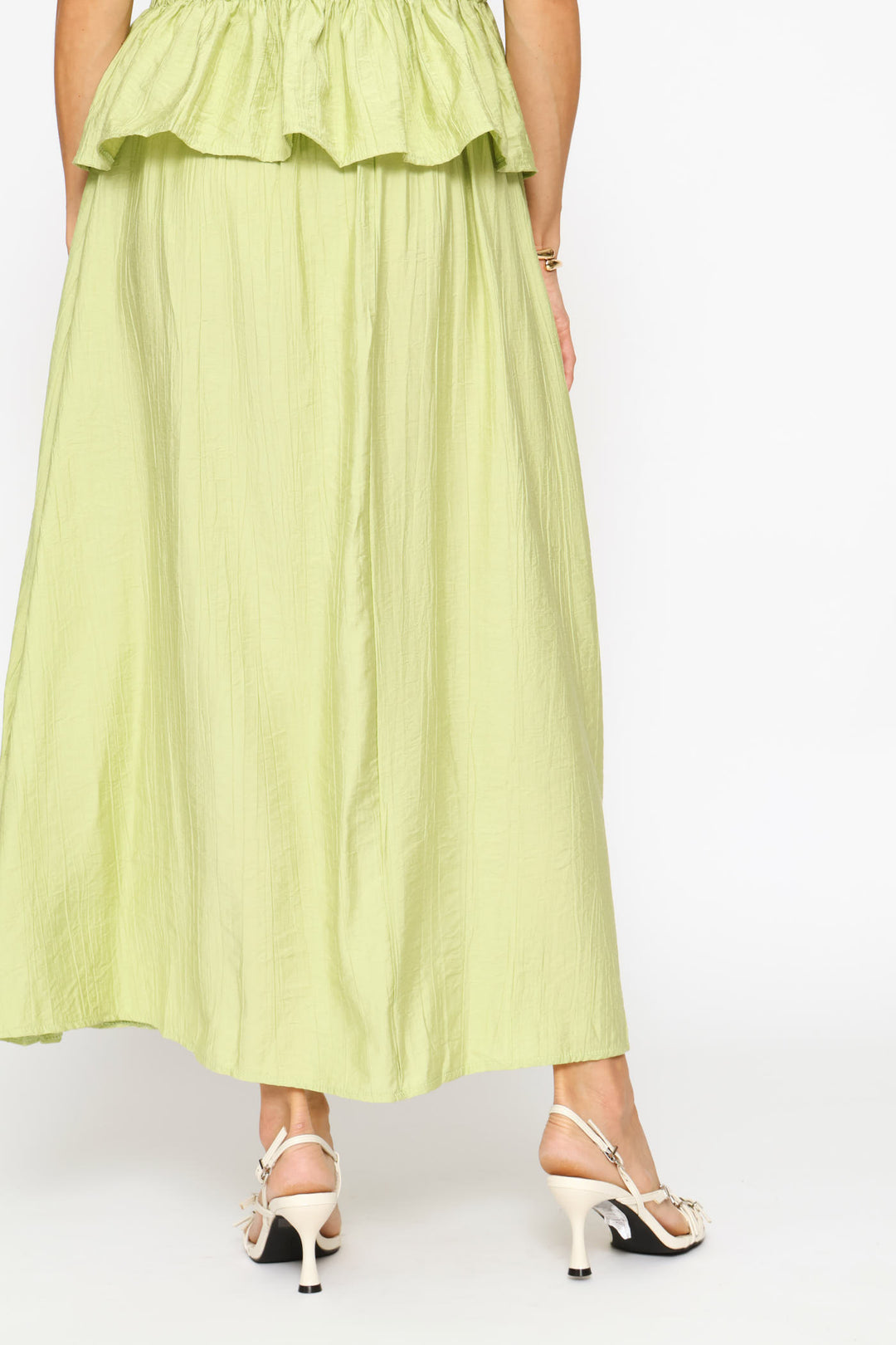 Pull On Side Tie Detail Flare Midi Skirt - Pistachio Green