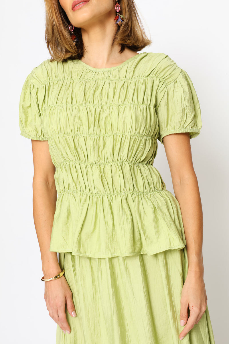 Puff Sleeve Elasticated Blouse - Pistachio Green