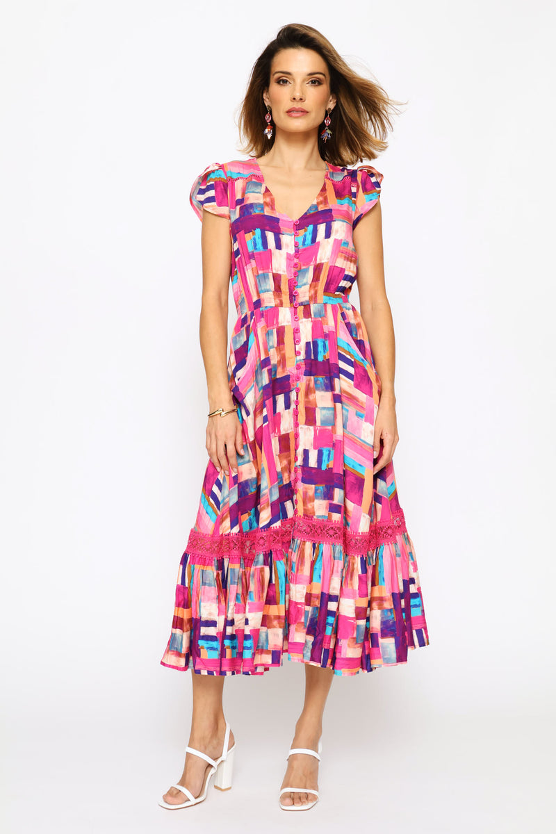 Cap Sleeve V-Neck Button Through Print Fit & Flare Midi Dress - Pink