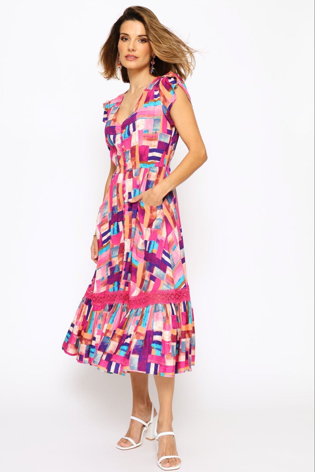 Cap Sleeve V-Neck Button Through Print Fit & Flare Midi Dress - Pink