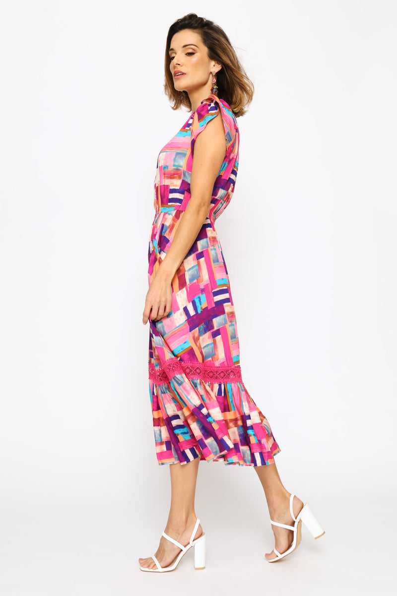 Cap Sleeve V-Neck Button Through Print Fit & Flare Midi Dress - Pink