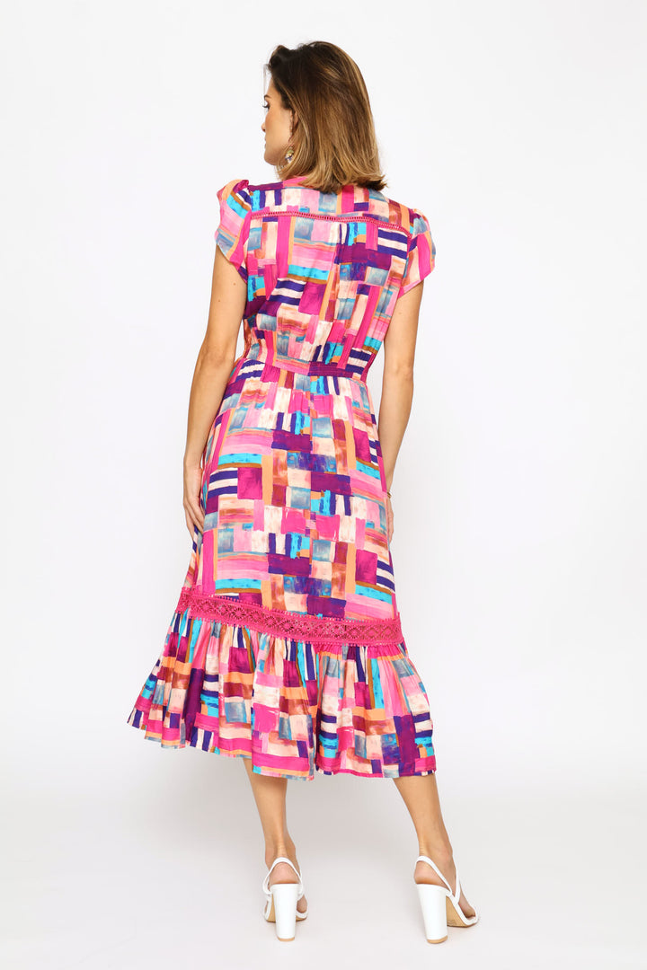 Cap Sleeve V-Neck Button Through Print Fit & Flare Midi Dress - Pink
