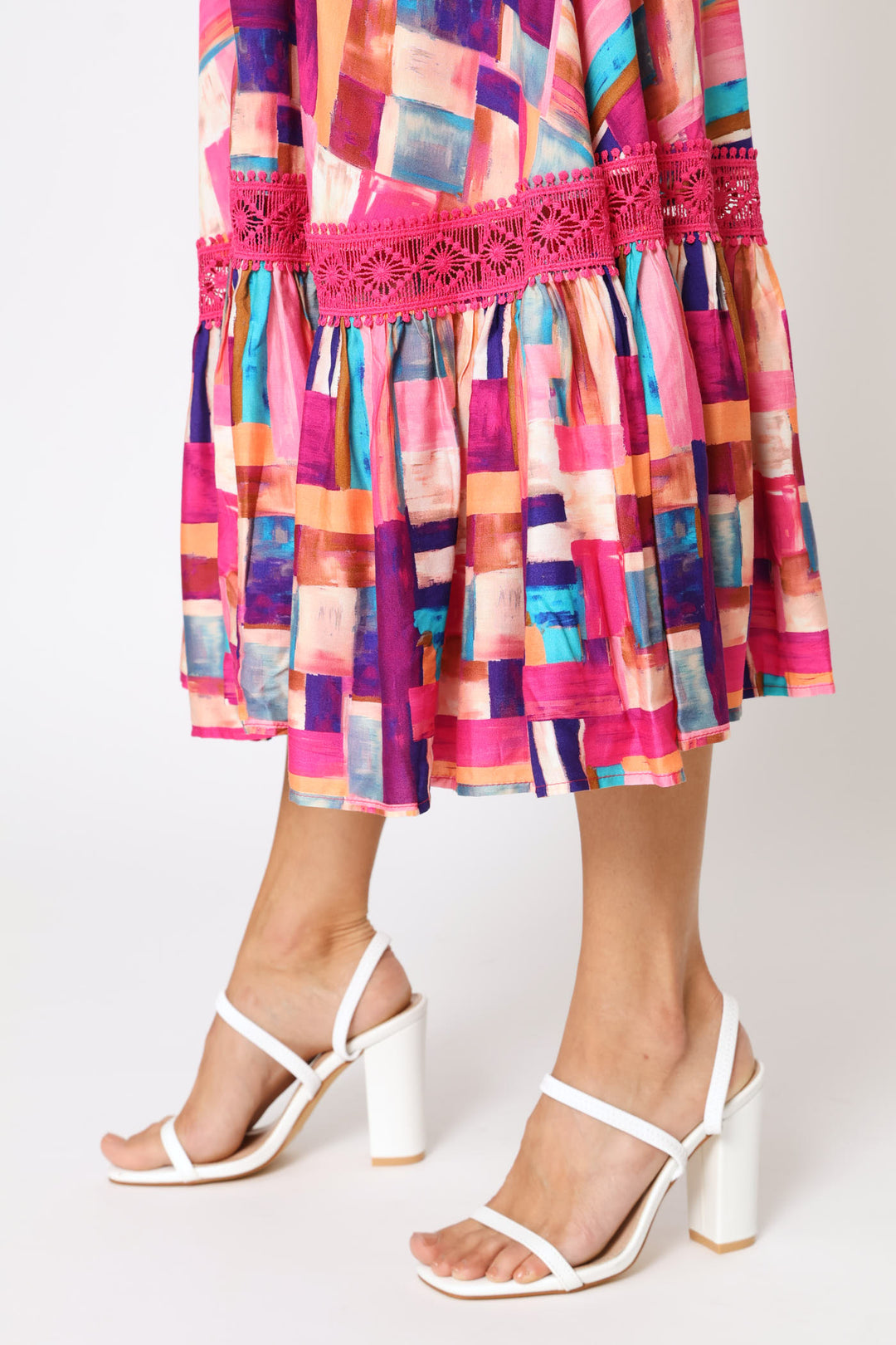 Cap Sleeve V-Neck Button Through Print Fit & Flare Midi Dress - Pink
