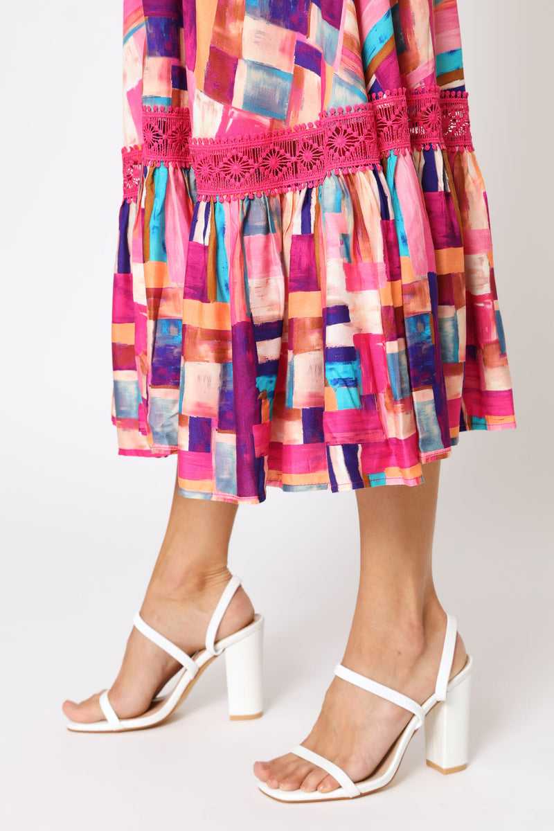 Cap Sleeve V-Neck Button Through Print Fit & Flare Midi Dress - Pink