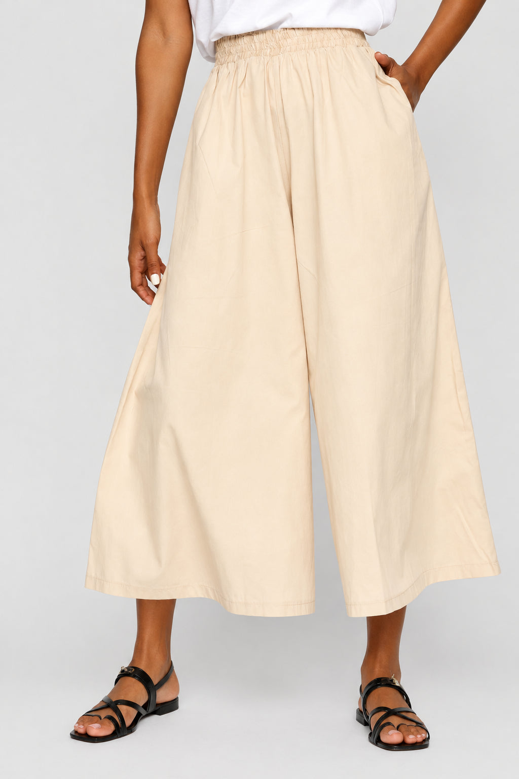 Poplin Wide Leg Culotte Pants - Latte