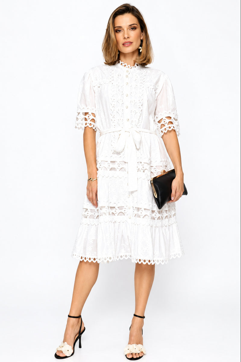 Boatneck Permanent Crease Floral Print Tiered Maxi Dress - White