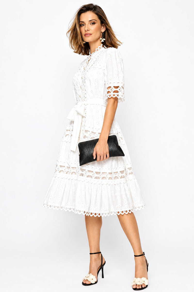 Boatneck Permanent Crease Floral Print Tiered Maxi Dress - White