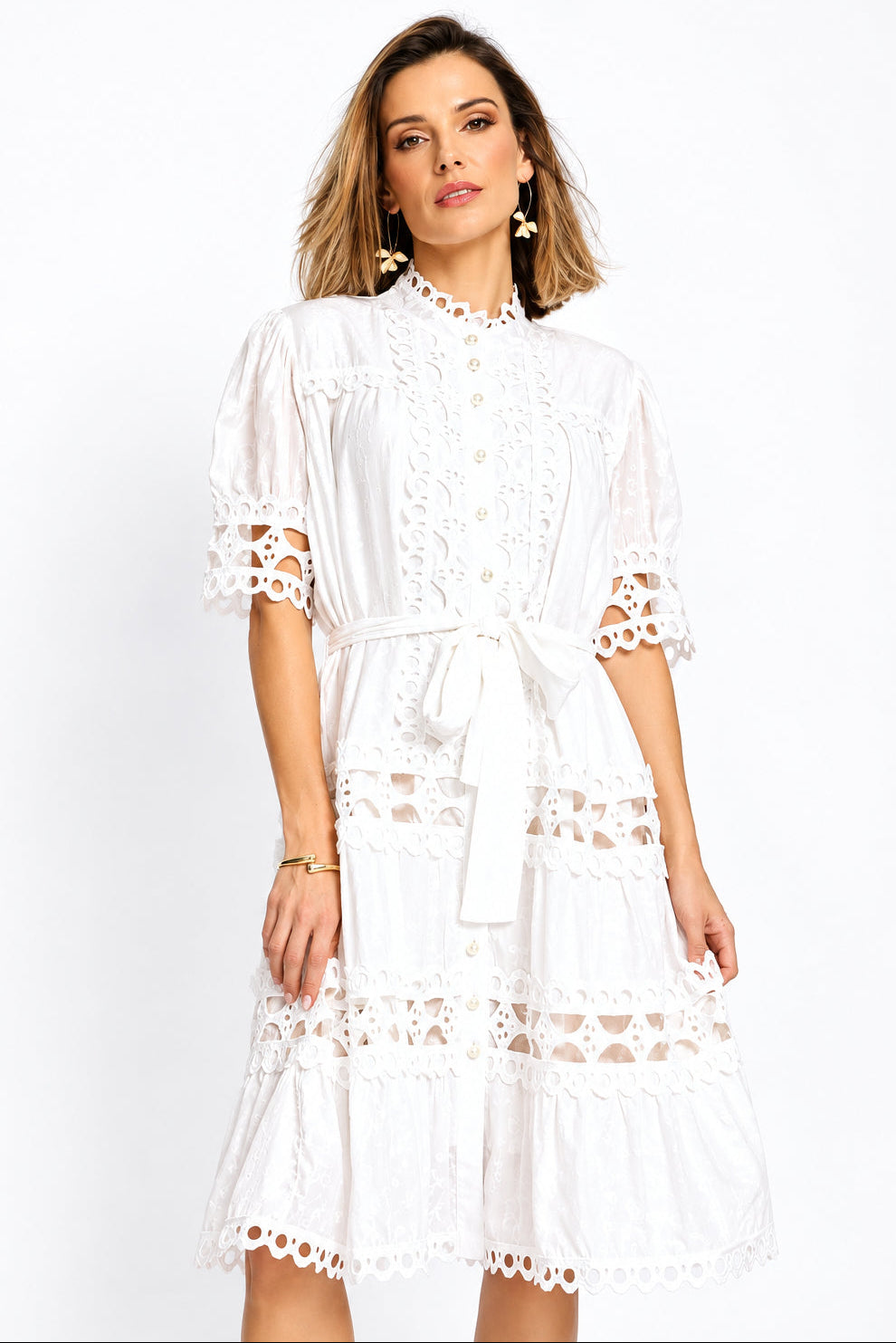 Boatneck Permanent Crease Floral Print Tiered Maxi Dress - White