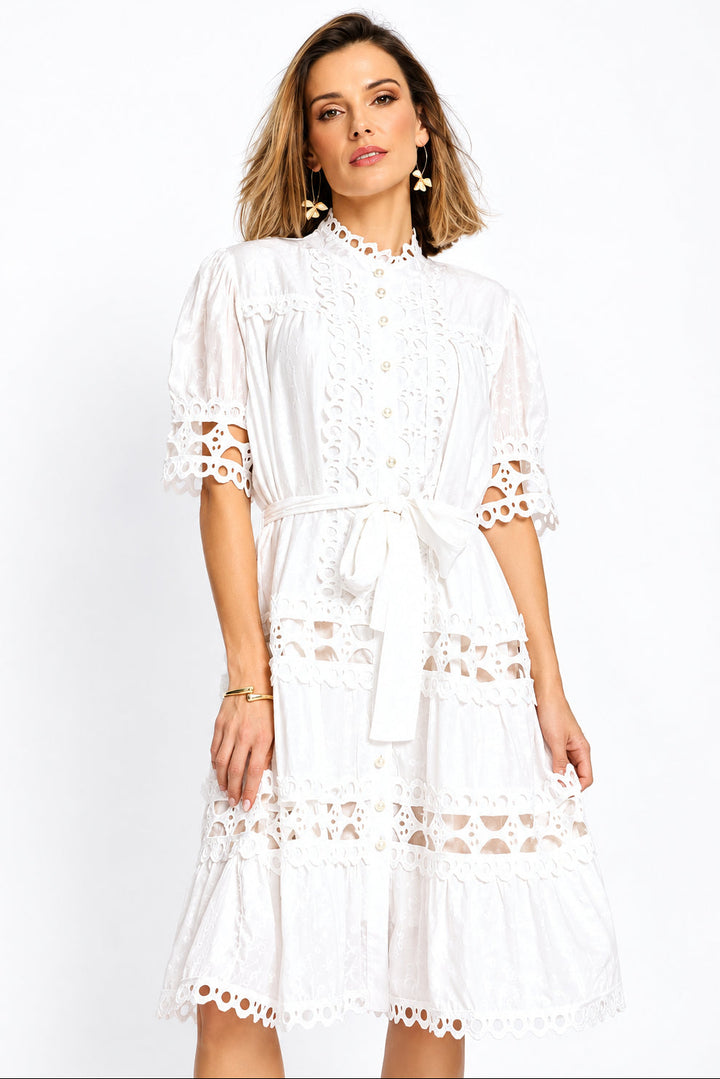 Boatneck Permanent Crease Floral Print Tiered Maxi Dress - White