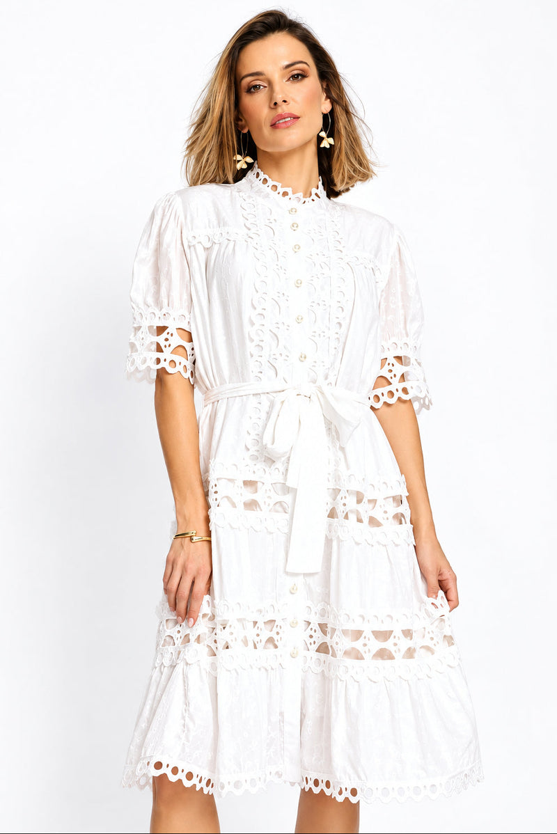 Boatneck Permanent Crease Floral Print Tiered Maxi Dress - White