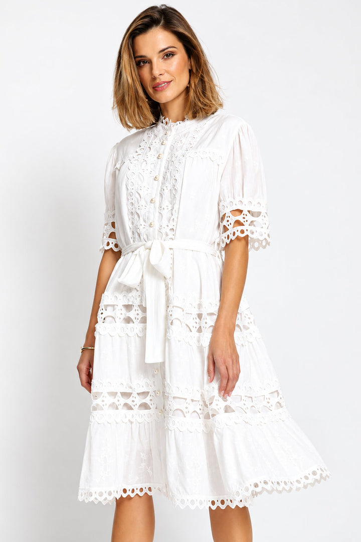 Boatneck Permanent Crease Floral Print Tiered Maxi Dress - White