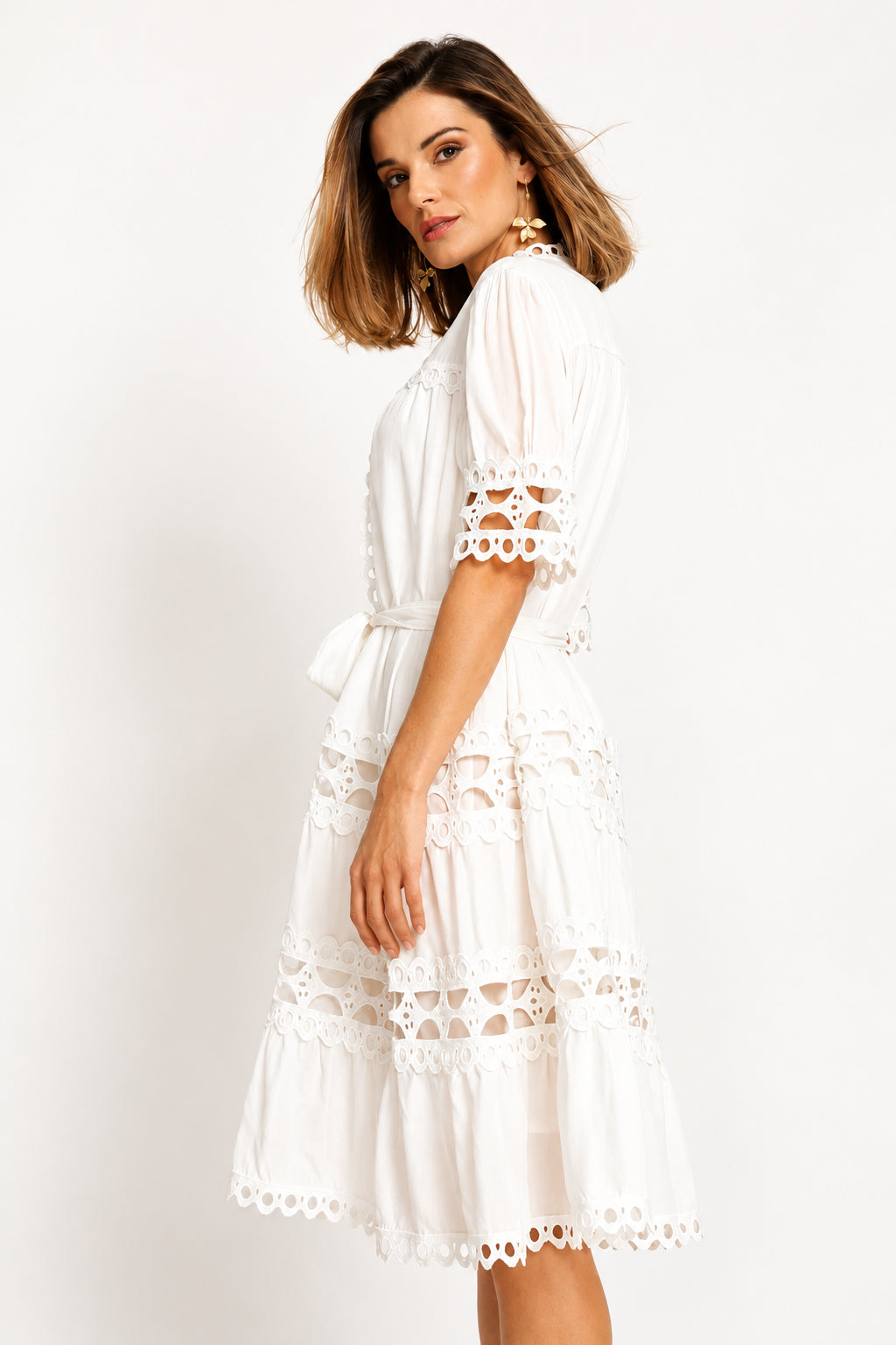 Boatneck Permanent Crease Floral Print Tiered Maxi Dress - White