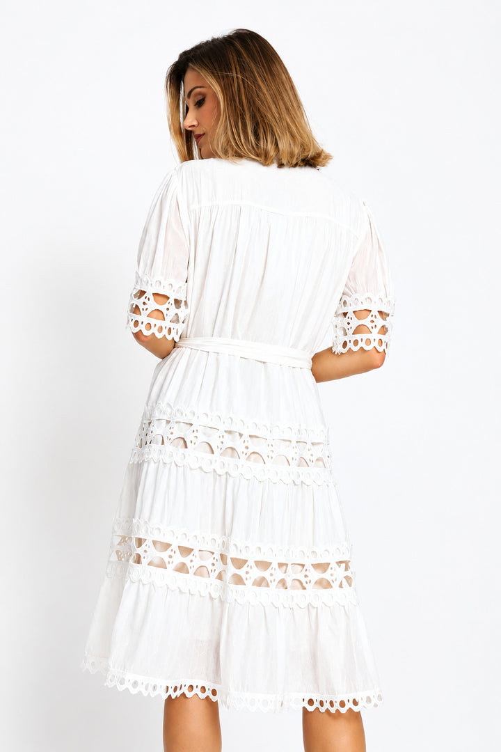Boatneck Permanent Crease Floral Print Tiered Maxi Dress - White
