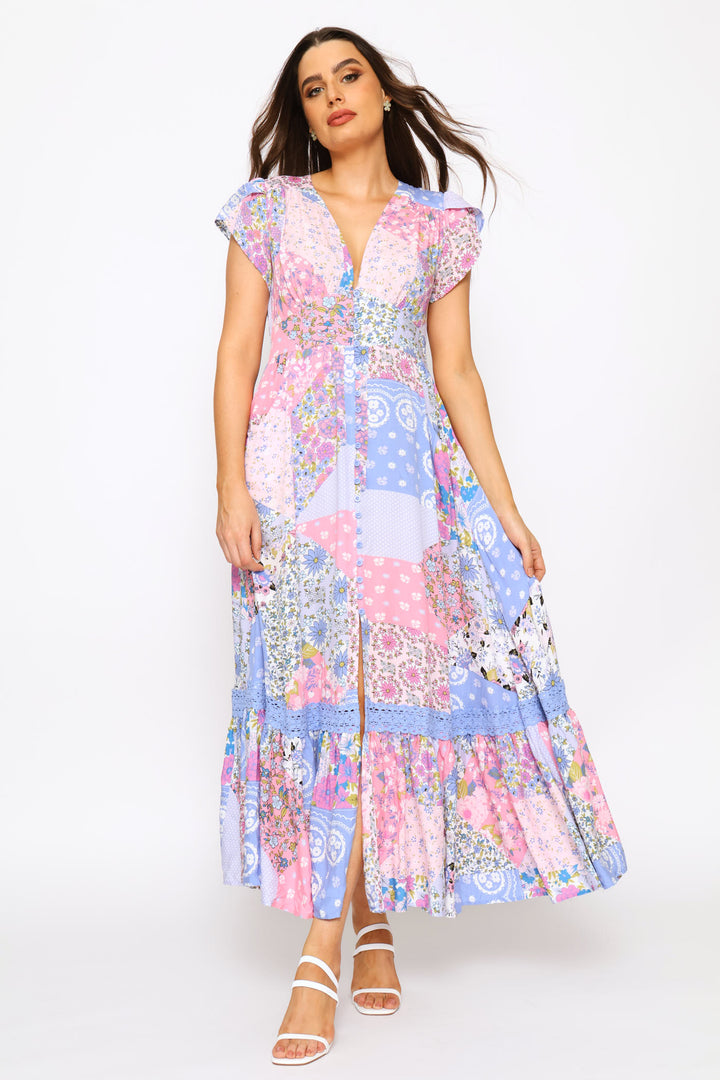 V-Neck Flutter Cap Sleeve Button Through Print Dress - Multi