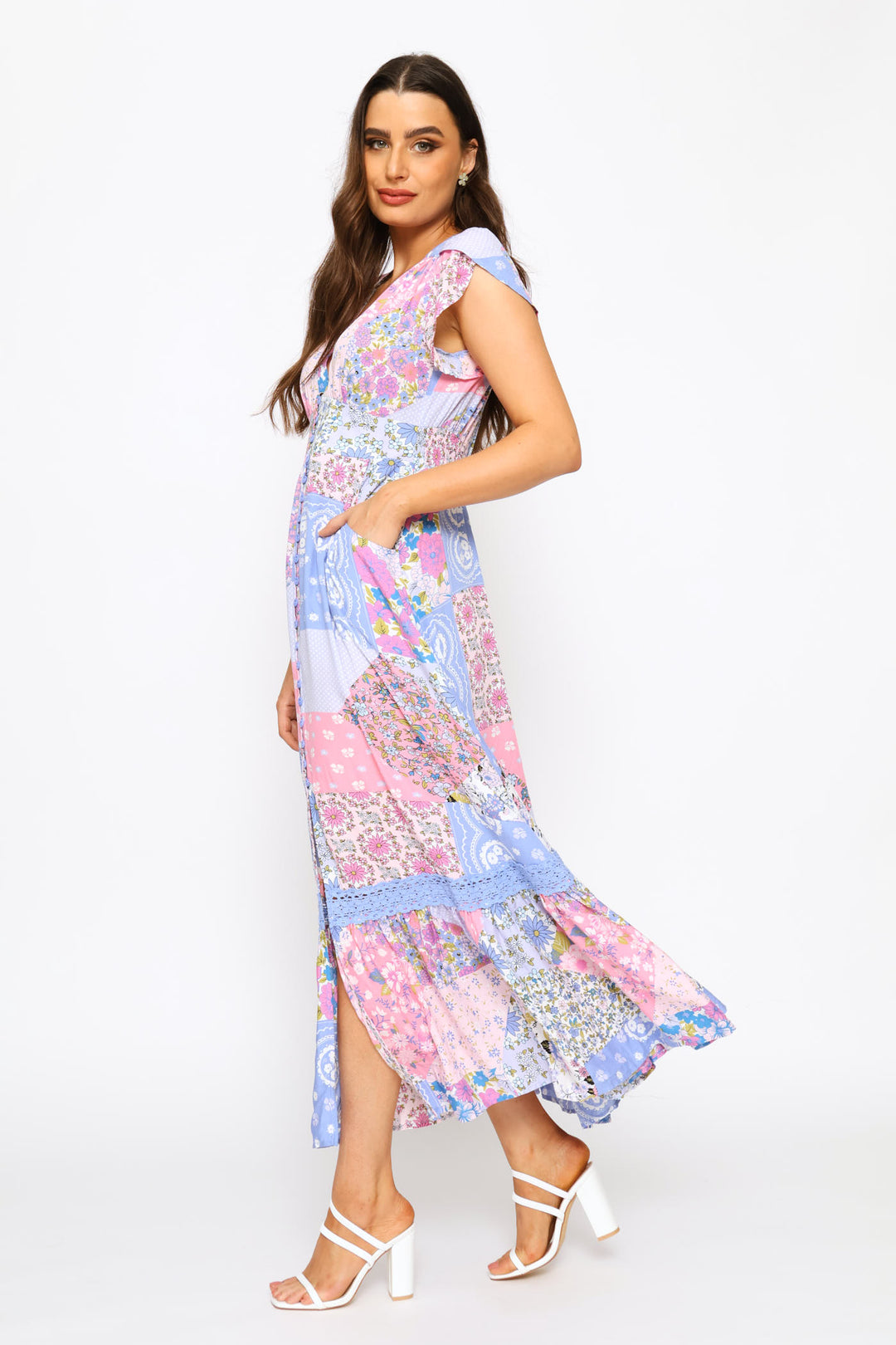 V-Neck Flutter Cap Sleeve Button Through Print Dress - Multi